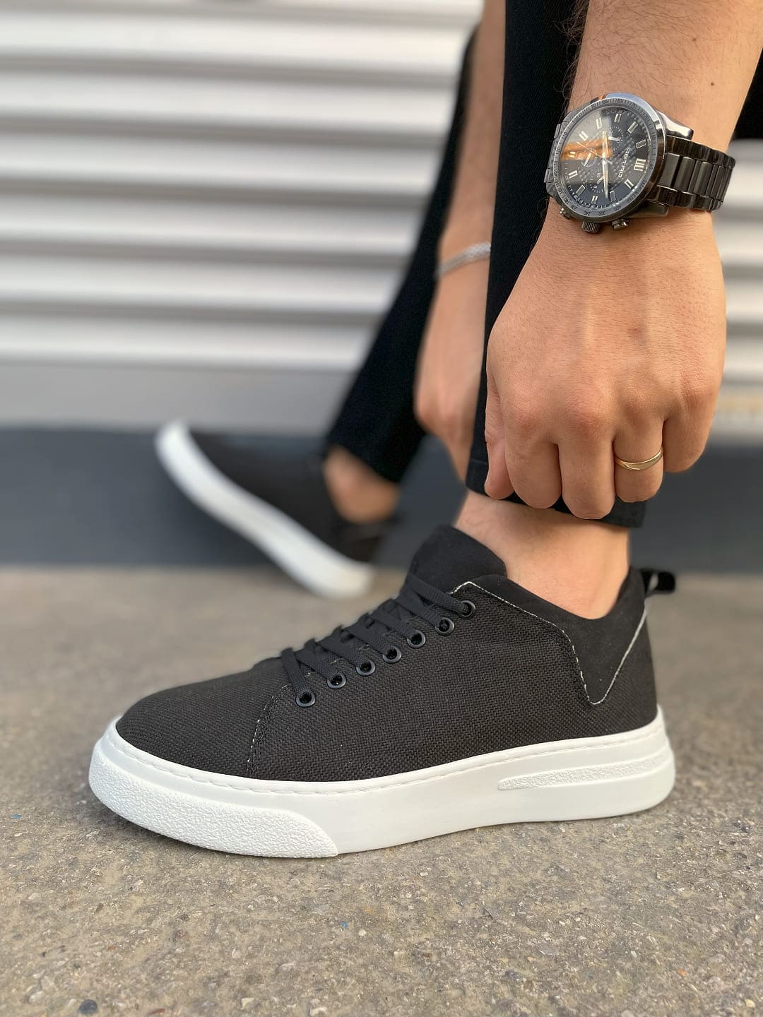 JY204 Flex Bağcıklı Keten Erkek Günlük Sneaker - Siyah Beyaz