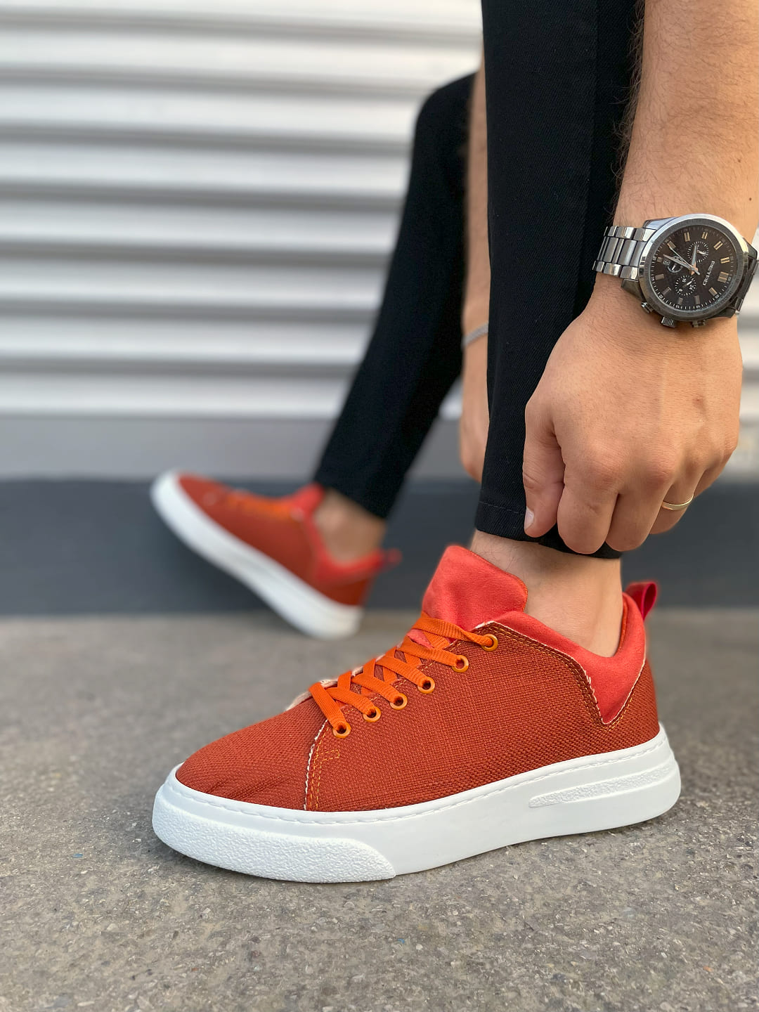 JY204 Flex Bağcıklı Keten Erkek Günlük Sneaker - Turuncu