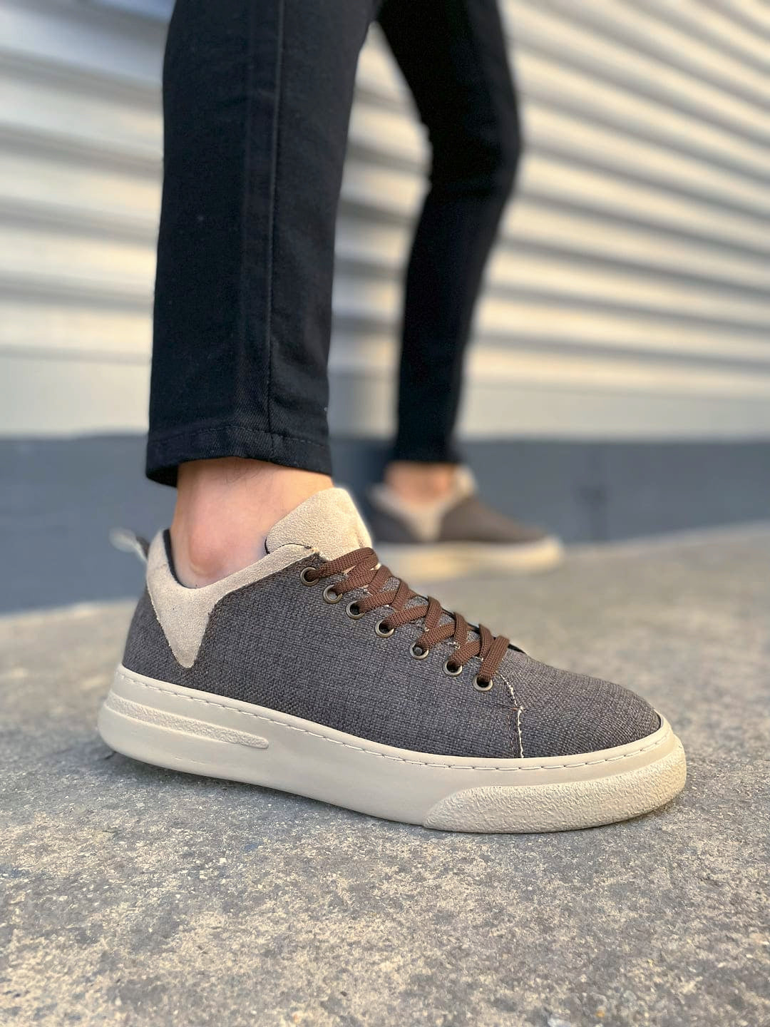 JY204 Flex Bağcıklı Keten Erkek Günlük Sneaker - Kahve Krem