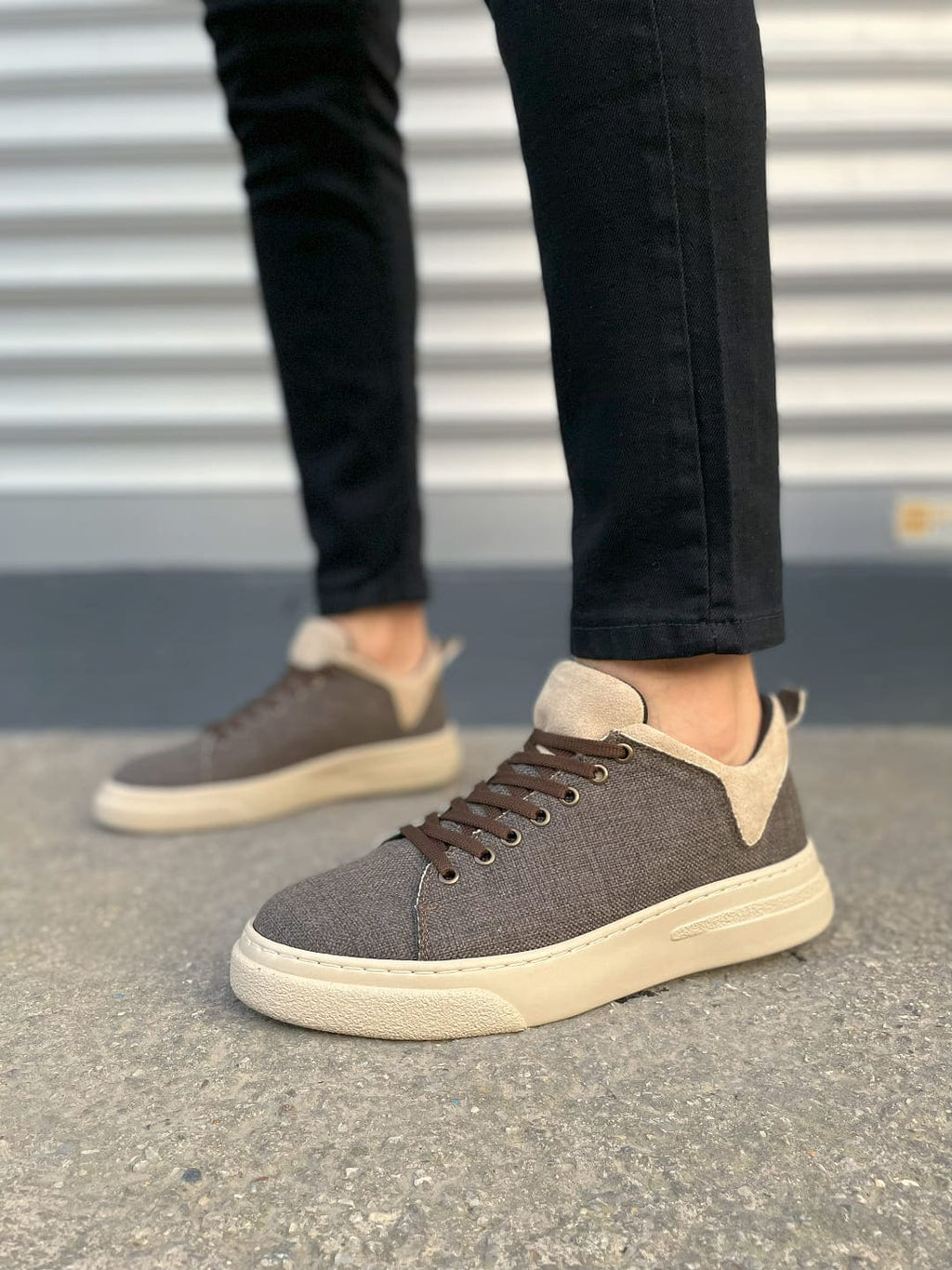 JY204 Flex Bağcıklı Keten Erkek Günlük Sneaker - Kahve Krem