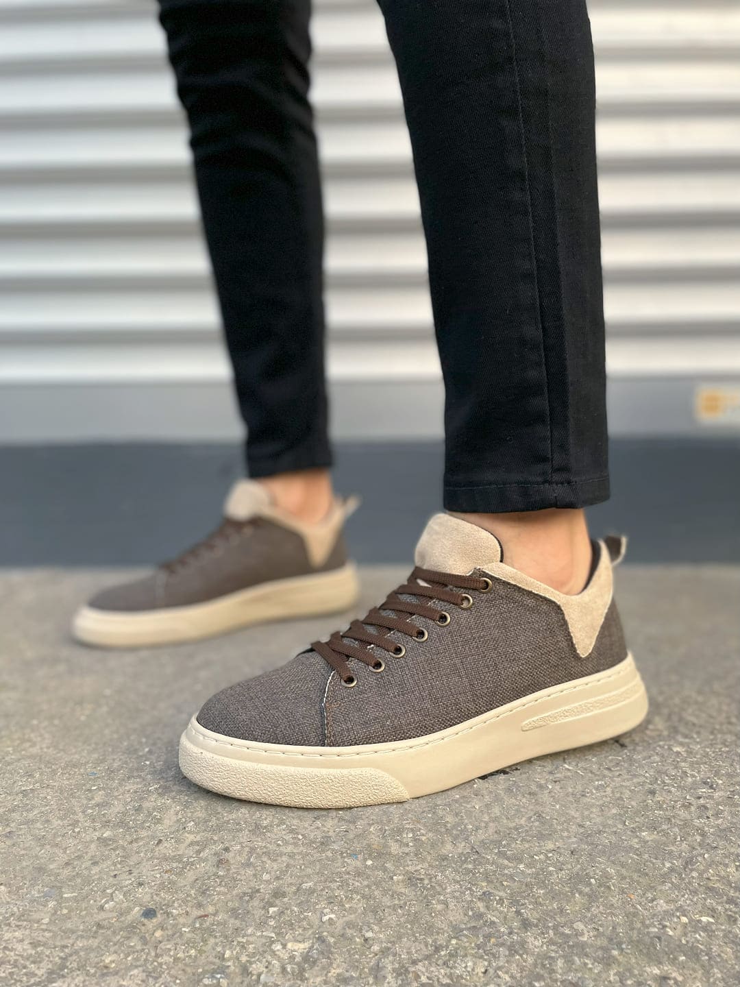 JY204 Flex Bağcıklı Keten Erkek Günlük Sneaker - Kahve Krem