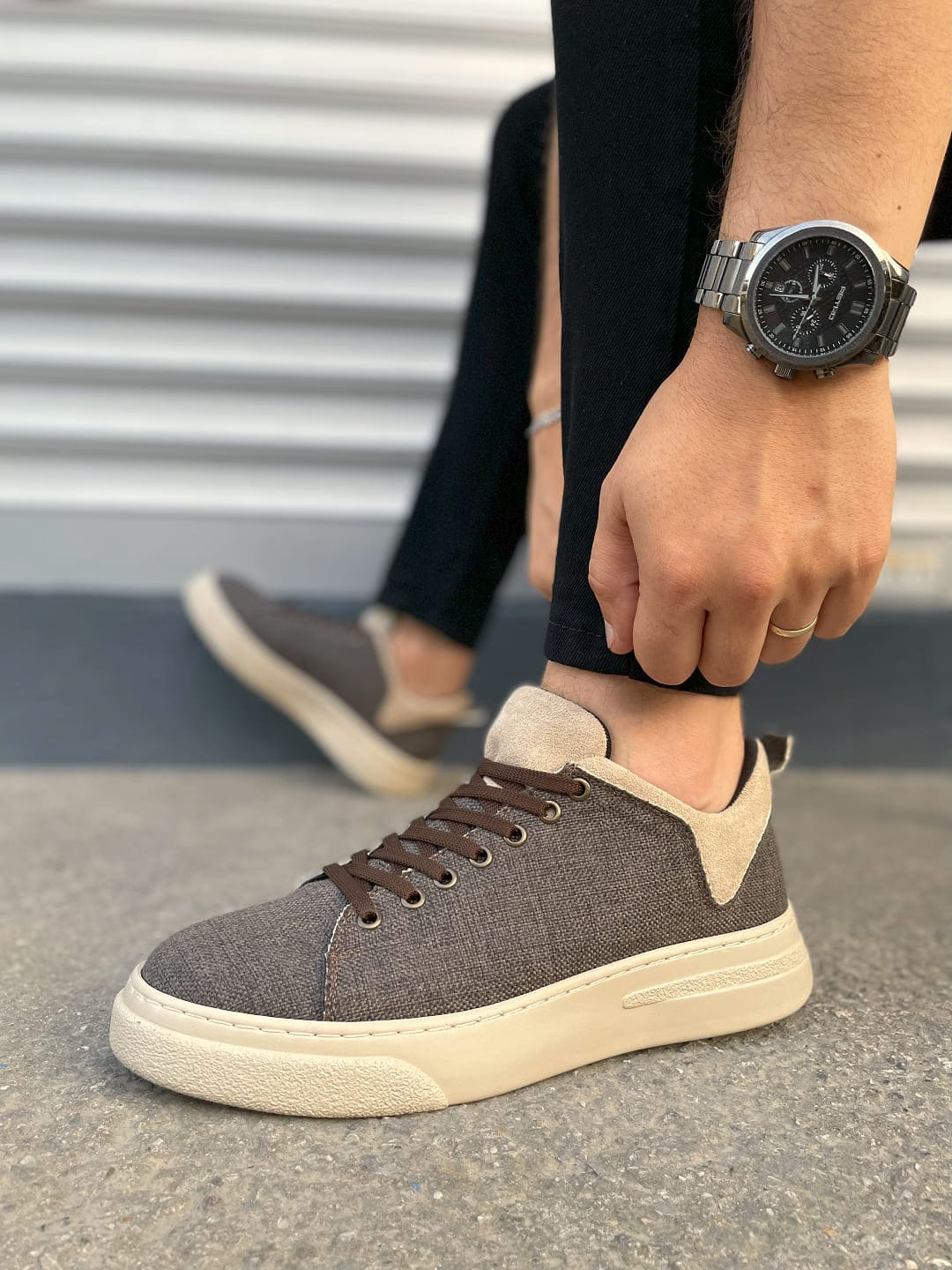 JY204 Flex Bağcıklı Keten Erkek Günlük Sneaker - Kahve Krem