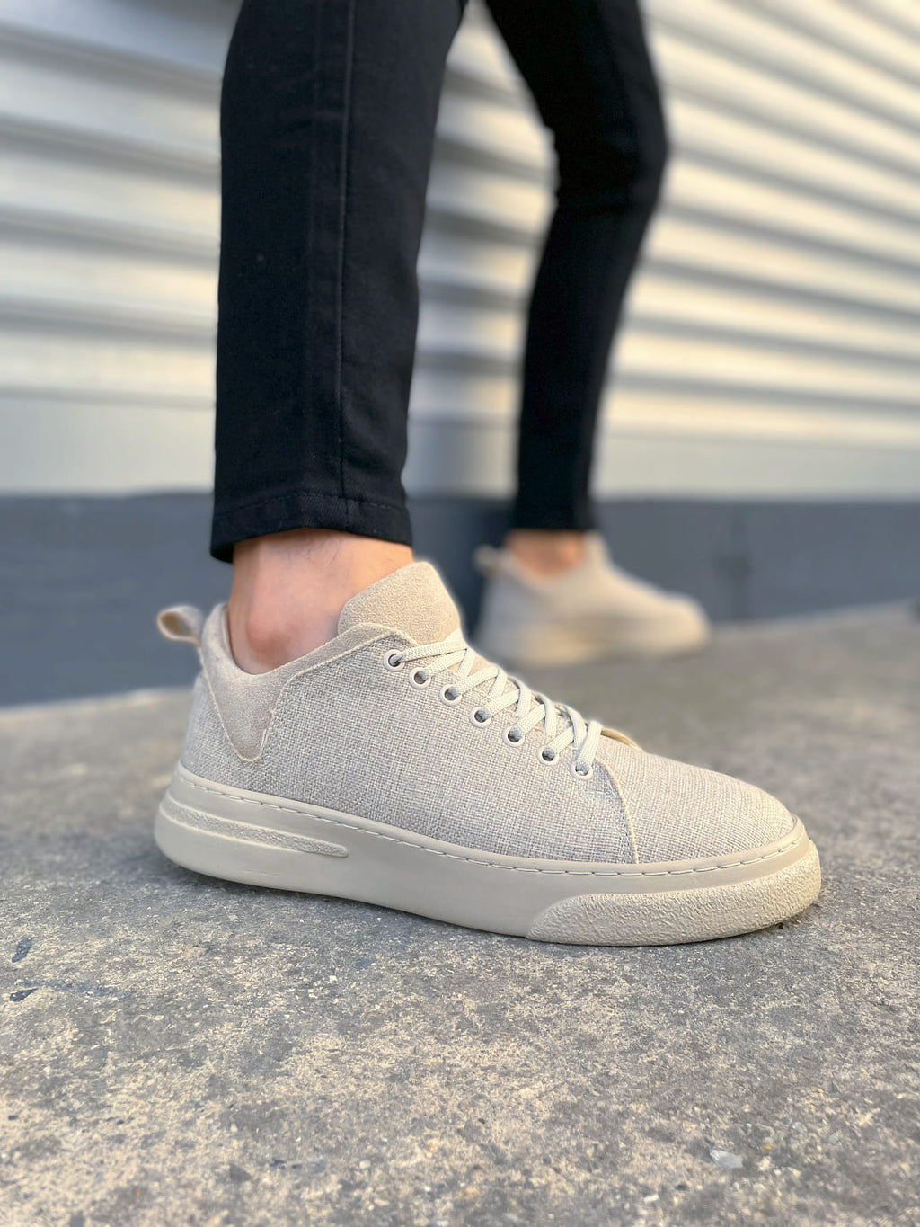 JY204 Flex Bağcıklı Keten Erkek Günlük Sneaker - Krem