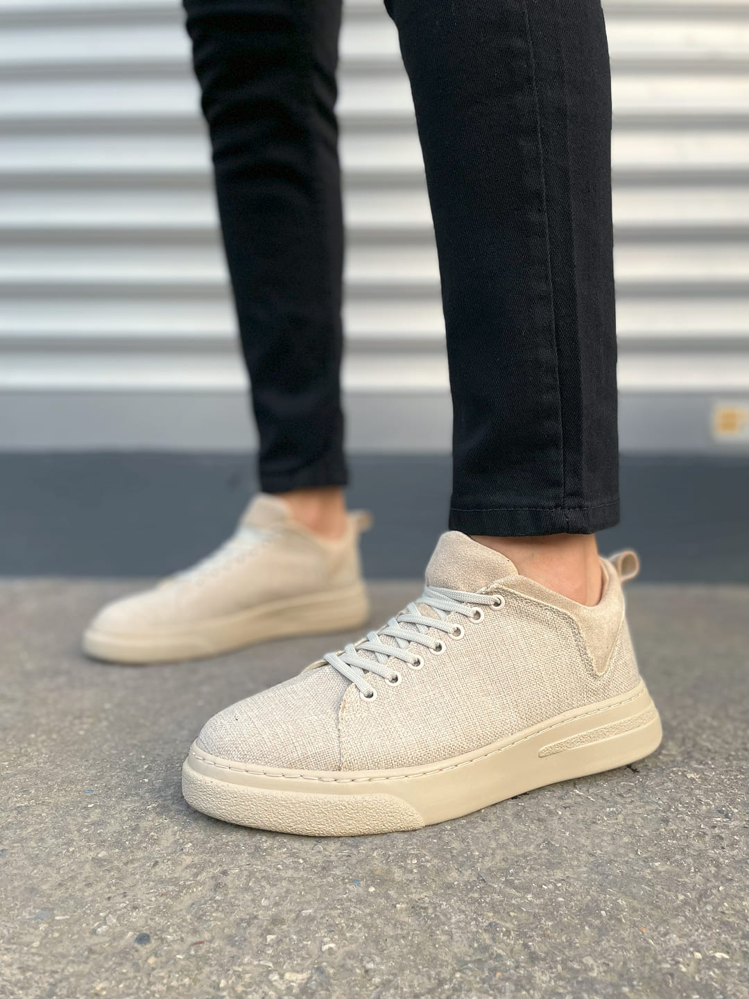 JY204 Flex Bağcıklı Keten Erkek Günlük Sneaker - Krem