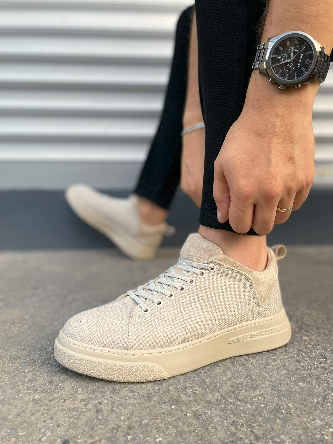 JY204 Flex Bağcıklı Keten Erkek Günlük Sneaker - Krem