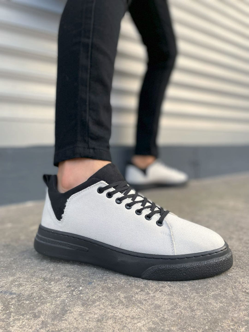 JY204 Flex Bağcıklı Keten Erkek Günlük Sneaker - Beyaz Siyah