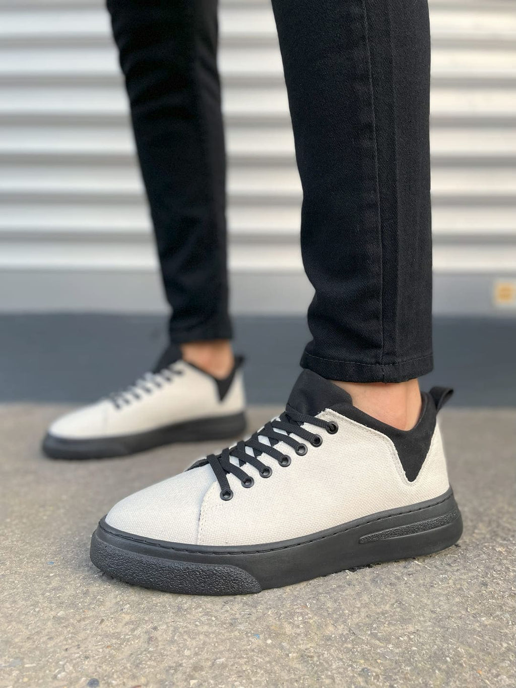 JY204 Flex Bağcıklı Keten Erkek Günlük Sneaker - Beyaz Siyah