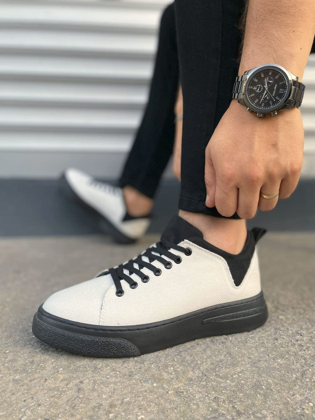 JY204 Flex Bağcıklı Keten Erkek Günlük Sneaker - Beyaz Siyah