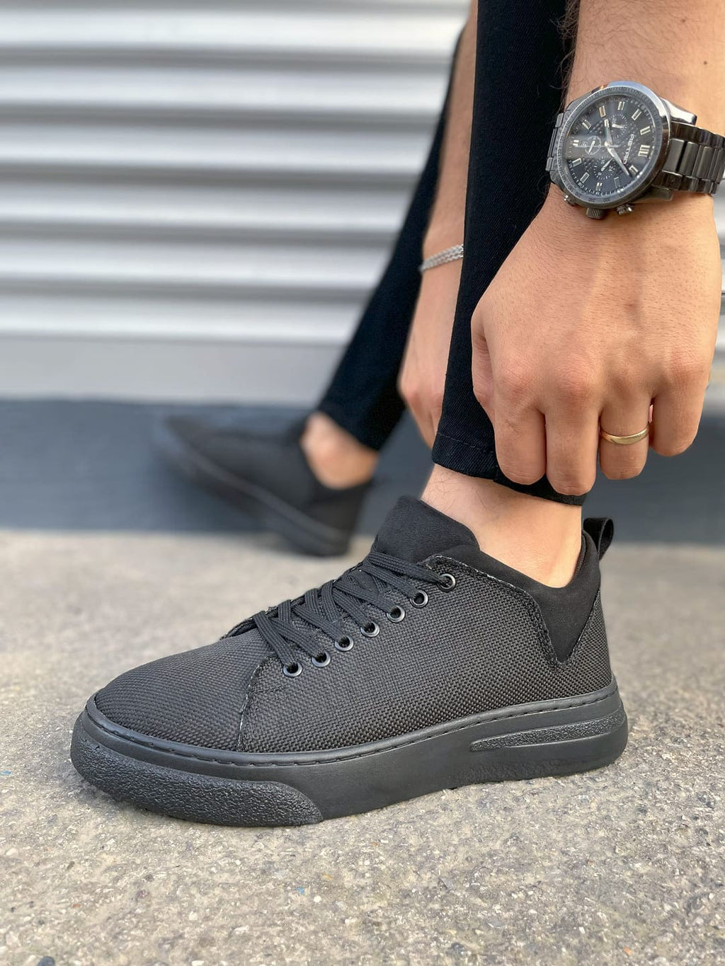 JY204 Flex Bağcıklı Keten Erkek Günlük Sneaker - Siyah