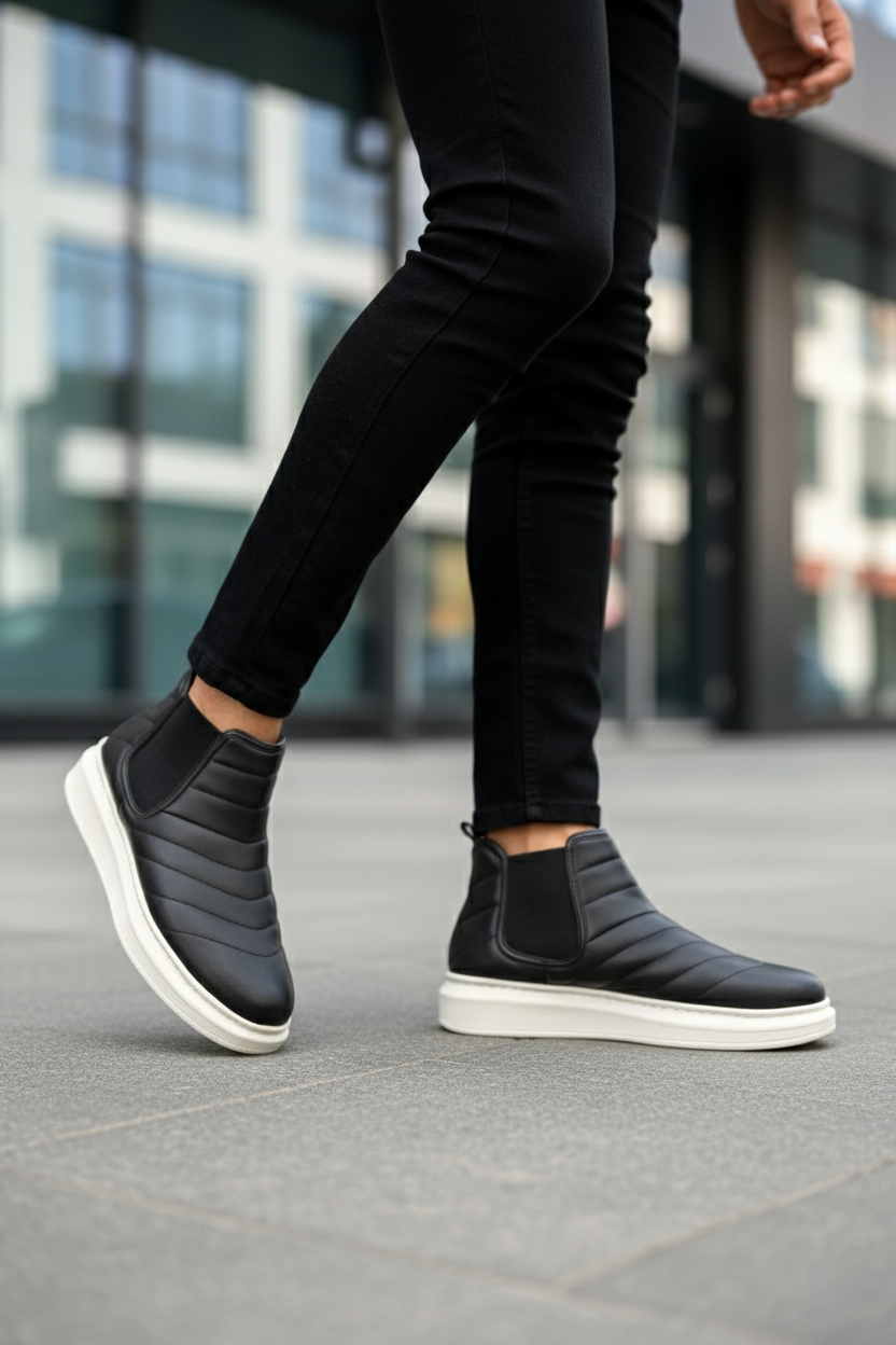 ZRJ205 Bağcıksız Ortopedik Erkek Günlük Spor Bot Siyah Beyaz