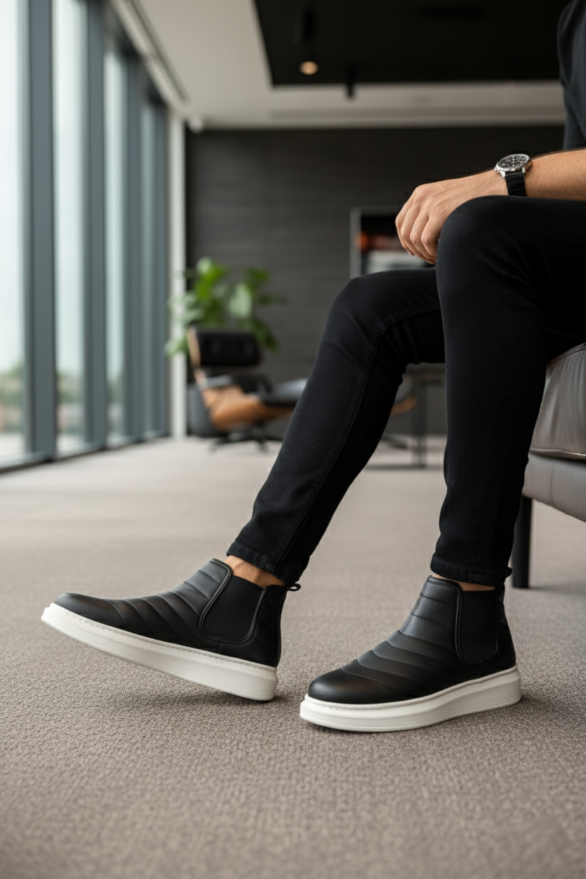 ZRJ205 Bağcıksız Ortopedik Erkek Günlük Spor Bot Siyah Beyaz