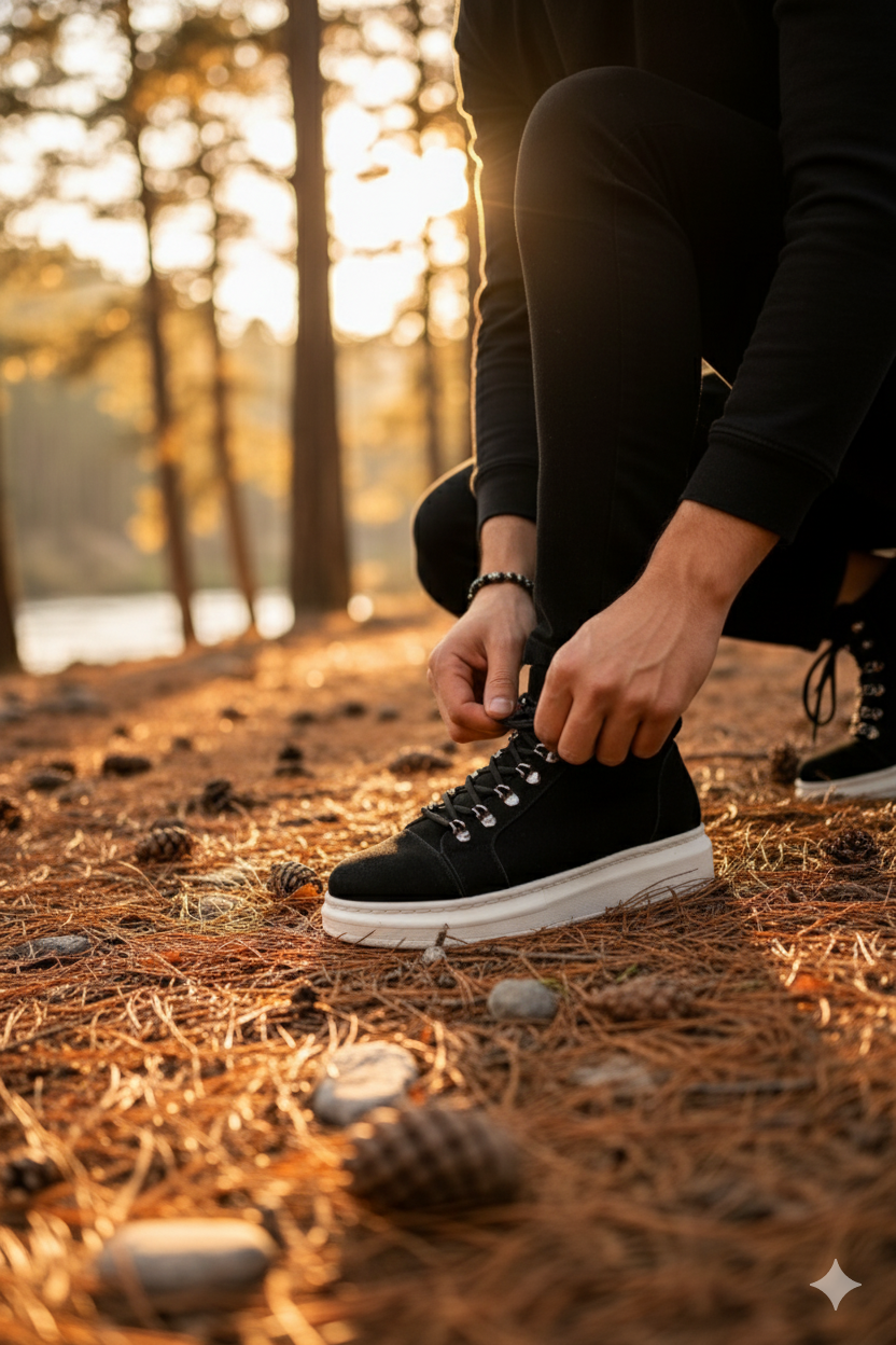 ZRJ206 Bağcıklı Siyah Beyaz Süet Erkek Spor Bot