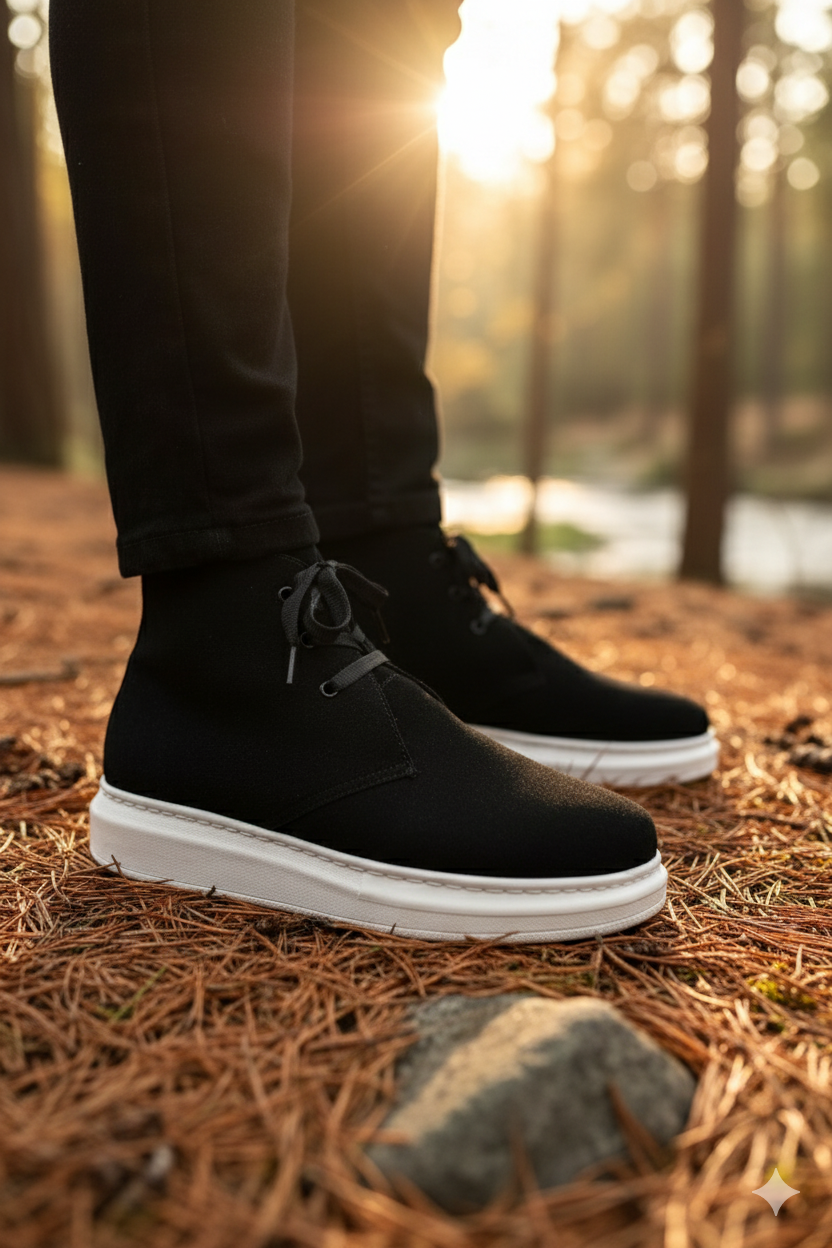 ZRJ207 Bağcıklı Ortopedik Taban Siyah Beyaz Süet Erkek Spor Bot