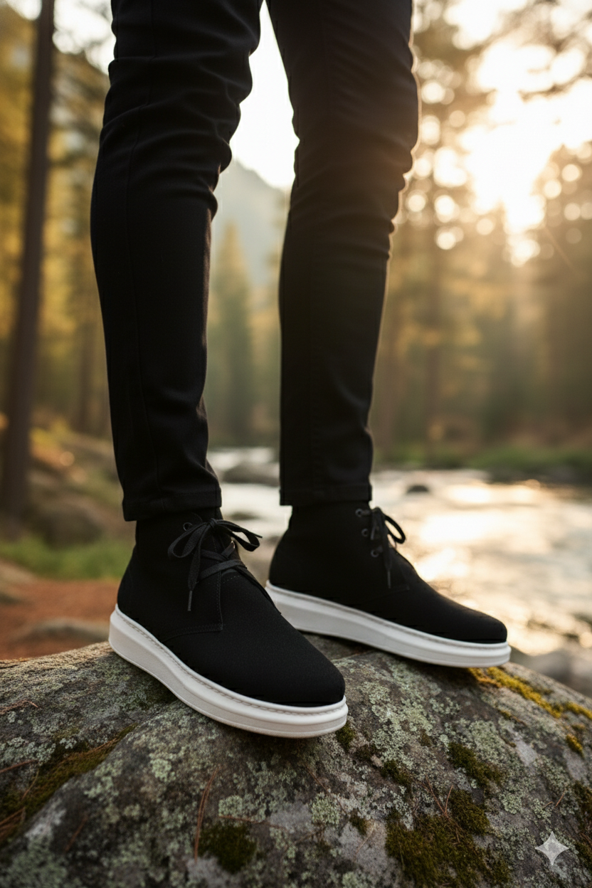 ZRJ207 Bağcıklı Ortopedik Taban Siyah Beyaz Süet Erkek Spor Bot