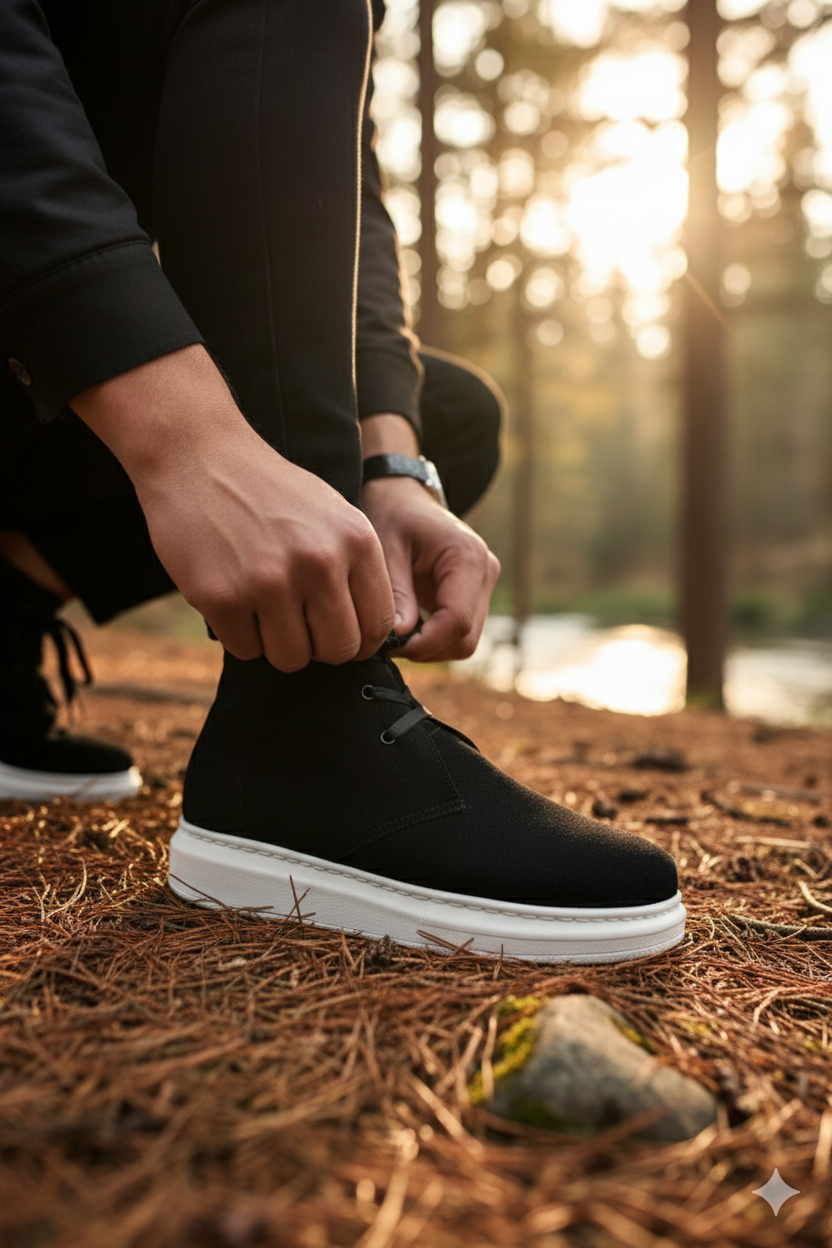 ZRJ207 Bağcıklı Ortopedik Taban Siyah Beyaz Süet Erkek Spor Bot