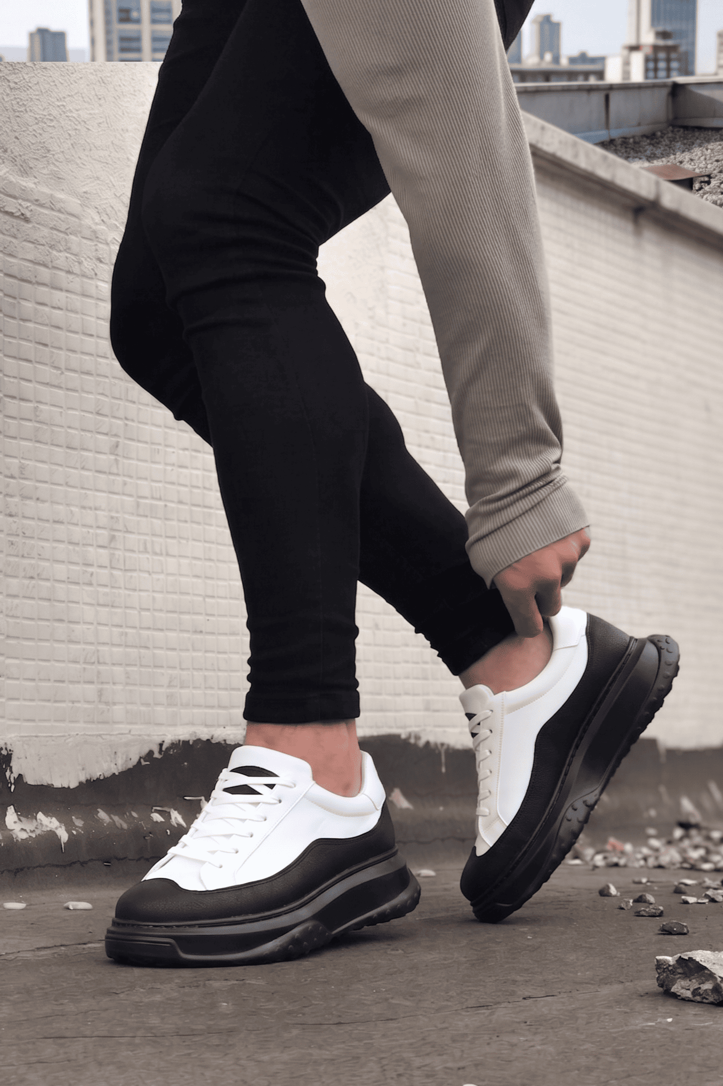Alone Premium Kalite Bağcıklı Günlük Erkek Beyaz Siyah Sneaker