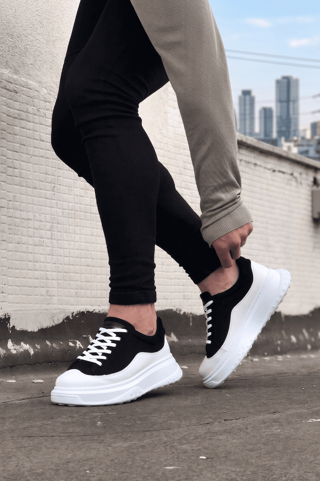 Alone Premium Kalite Bağcıklı Günlük Erkek Siyah Beyaz Sneaker