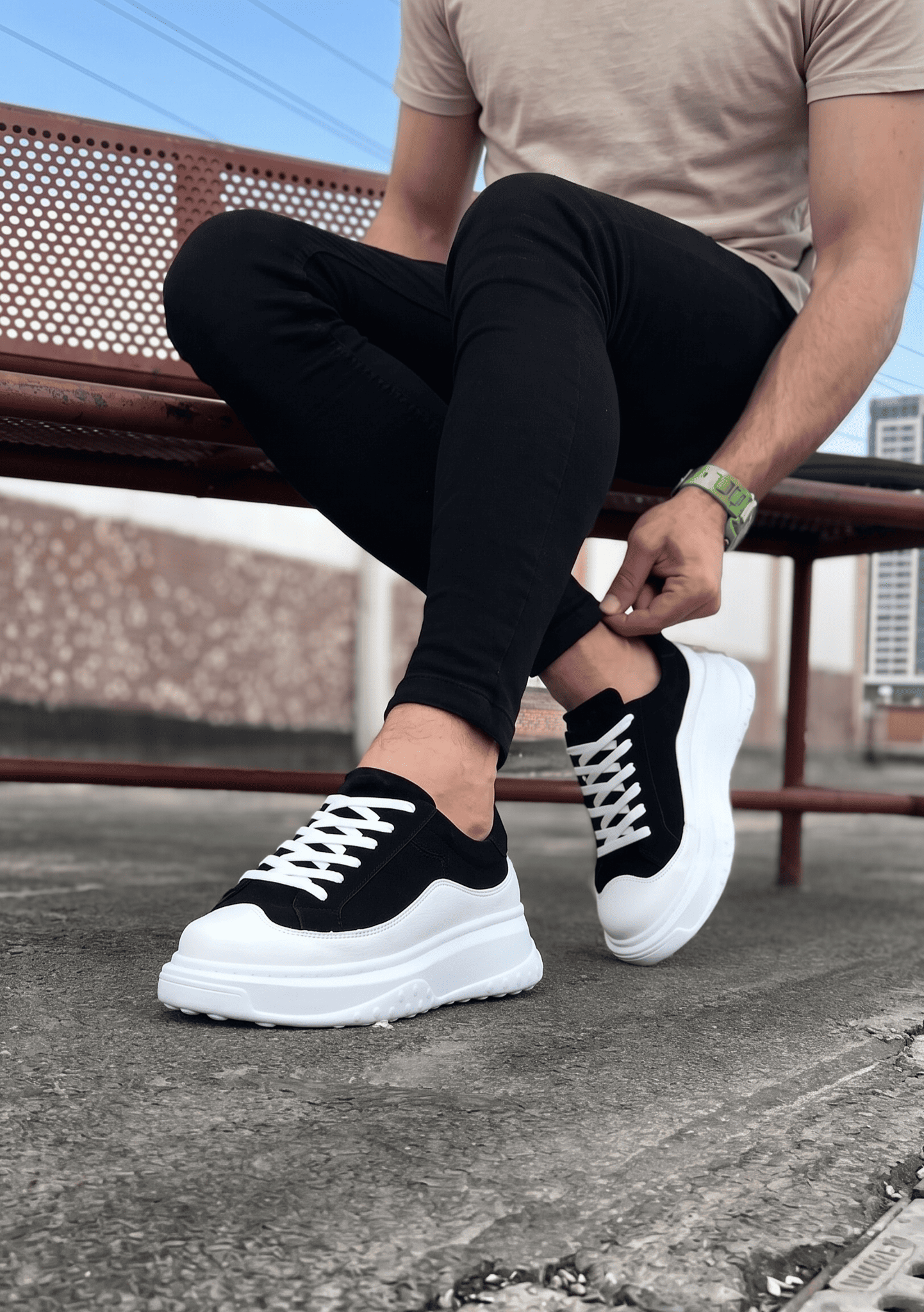 Alone Premium Kalite Bağcıklı Günlük Erkek Siyah Beyaz Sneaker