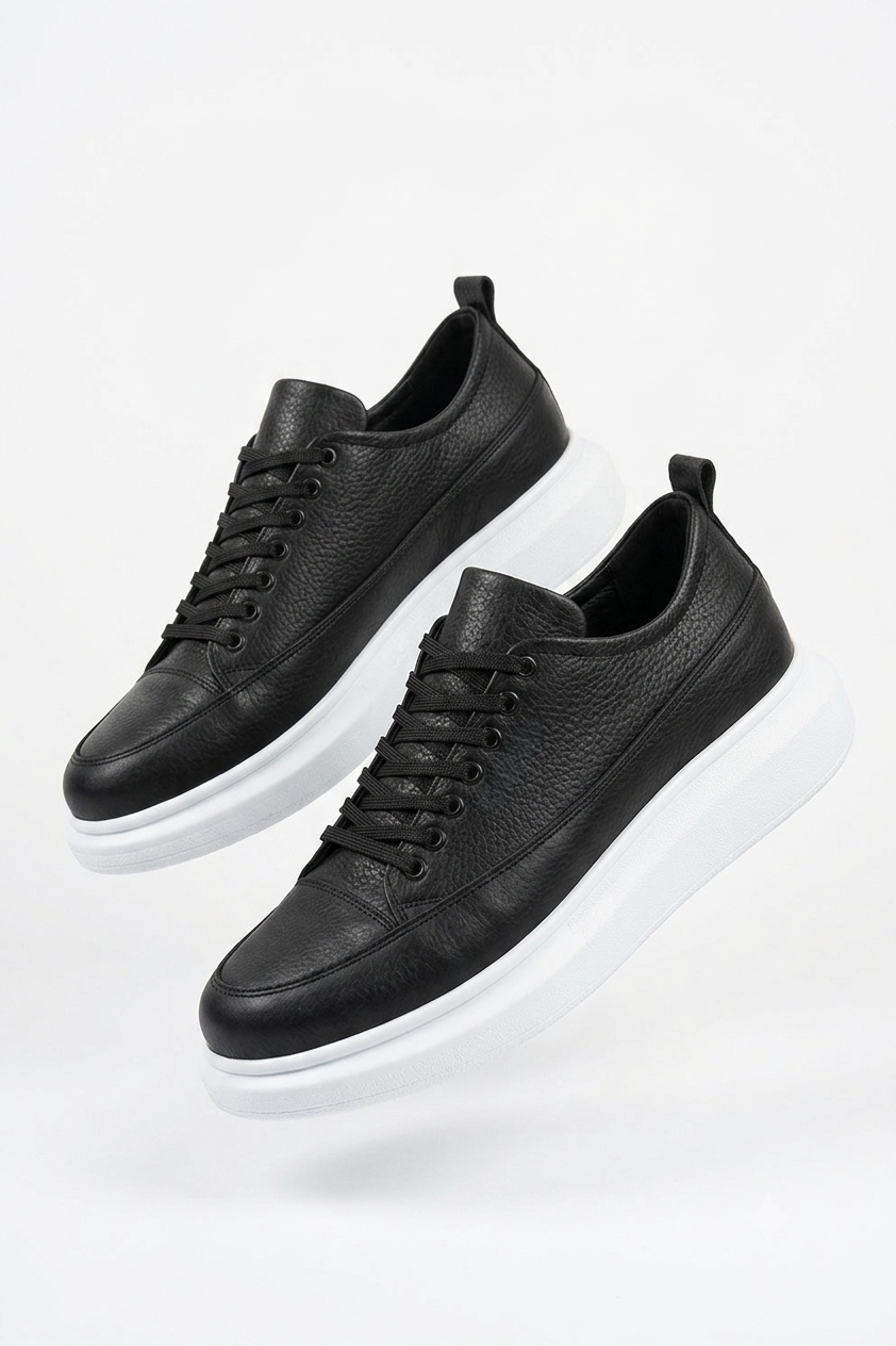 Drake Yüksek Kalite Bağcıklı Kalın Taban Erkek Günlük Sneaker Siyah Beyaz