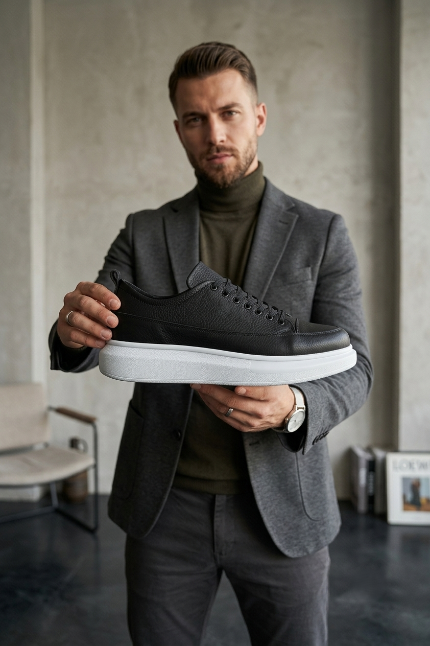 Drake Yüksek Kalite Bağcıklı Kalın Taban Erkek Günlük Sneaker Siyah Beyaz