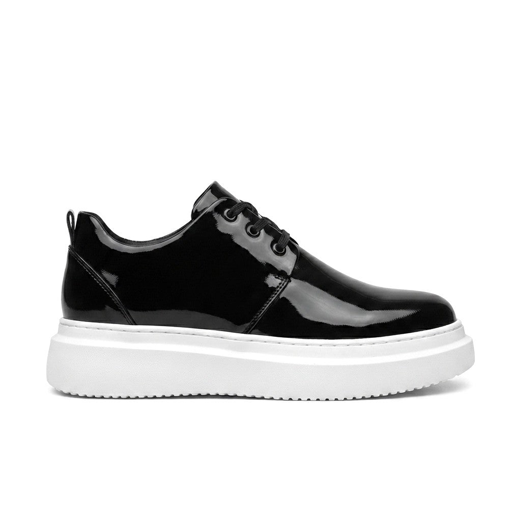ZRJ03 Premium Casual Bağcıklı Kalın Taban Erkek Spor Klasik Ayakkabı - Siyah Beyaz Rugan