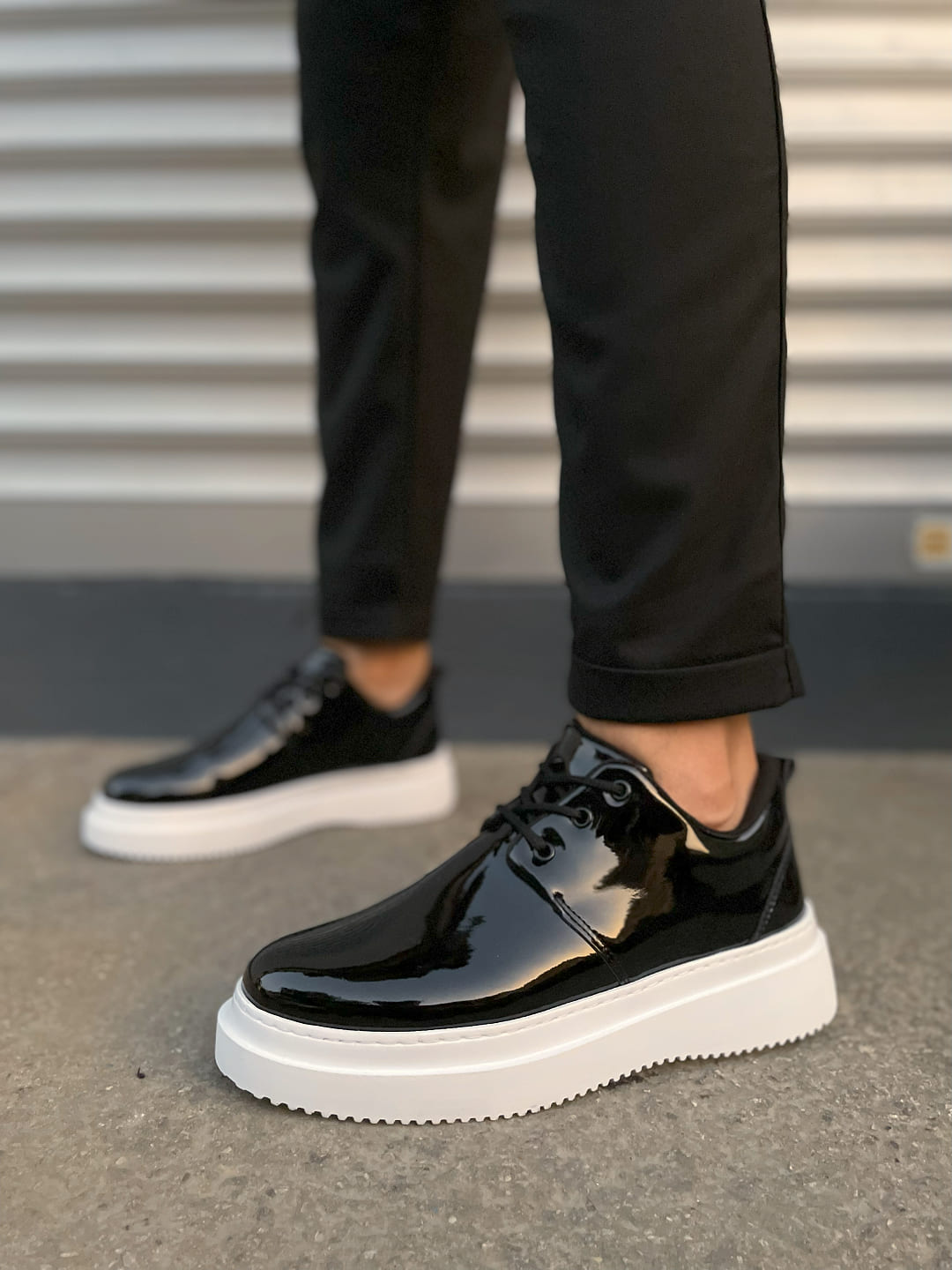 JYx03 Luxor Laced Thick Sole Men's Classic Sports Shoes - Black White Patent Leather