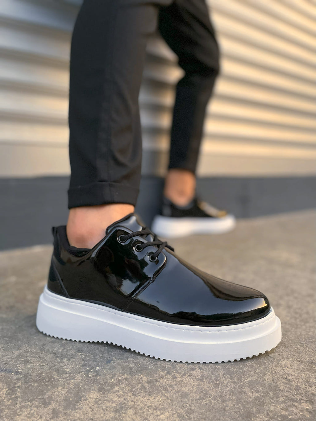 JYx03 Luxor Laced Thick Sole Men's Classic Sports Shoes - Black White Patent Leather