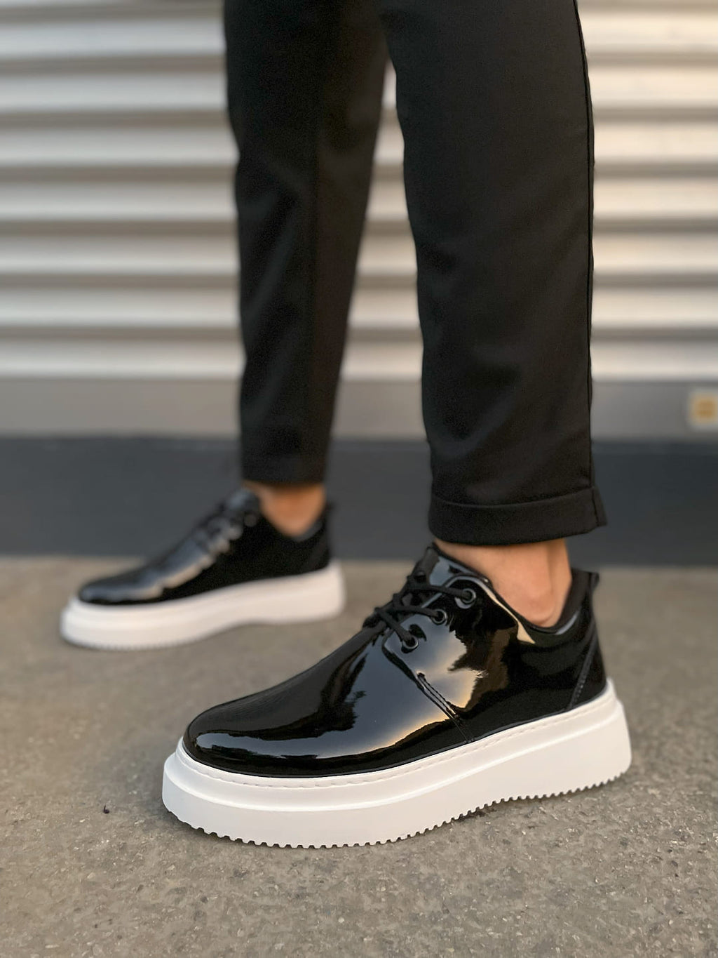 JYx03 Luxor Laced Thick Sole Men's Classic Sports Shoes - Black White Patent Leather