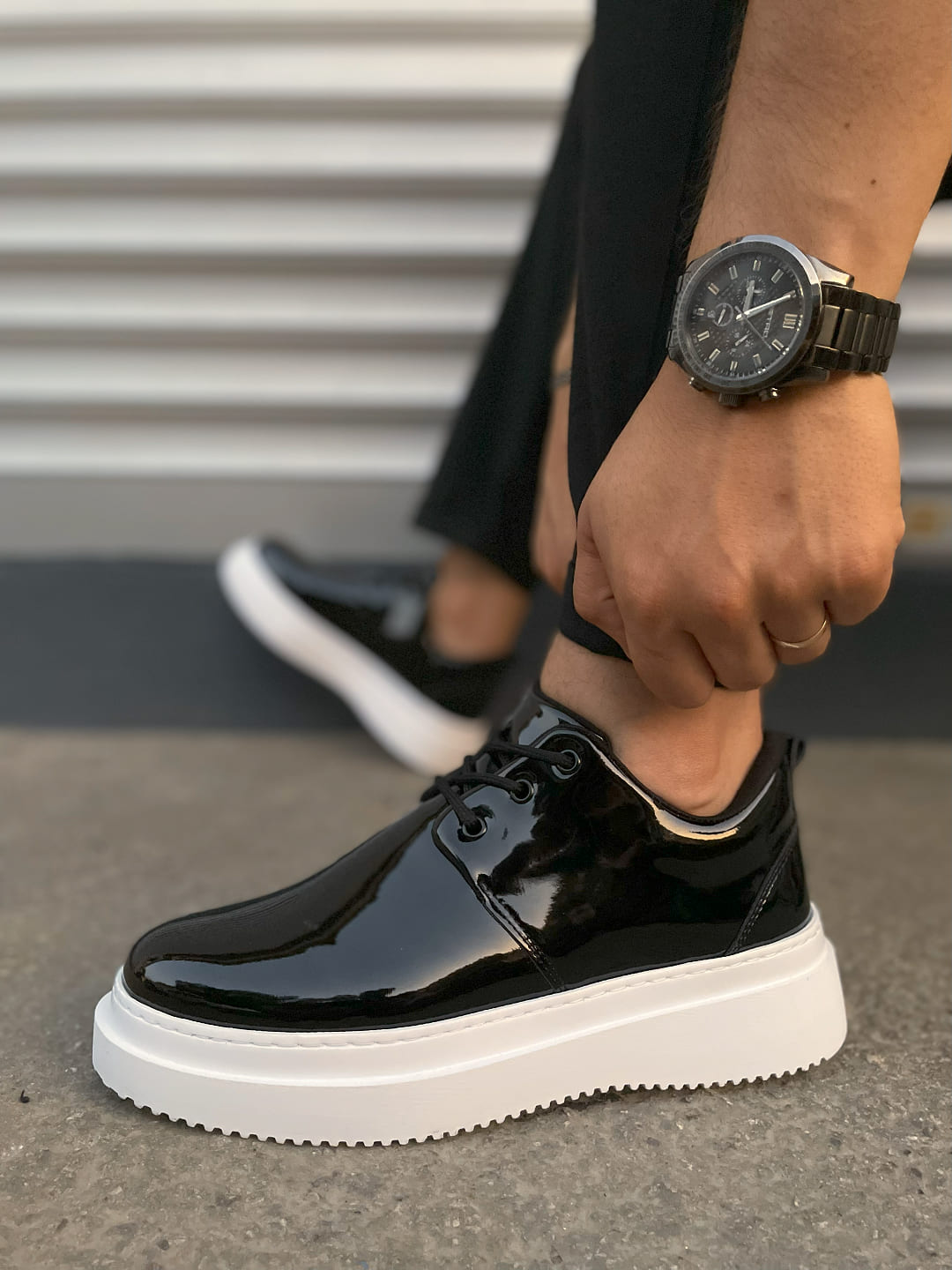 JYx03 Luxor Laced Thick Sole Men's Classic Sports Shoes - Black White Patent Leather