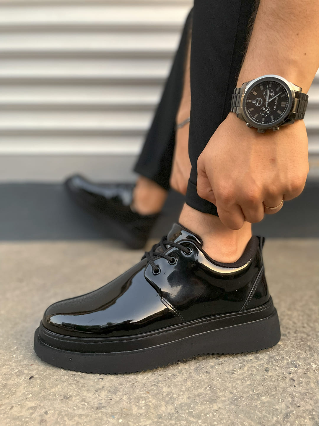 JYx03 Luxor Laced Thick Sole Men's Classic Sports Shoes - Black Patent Leather