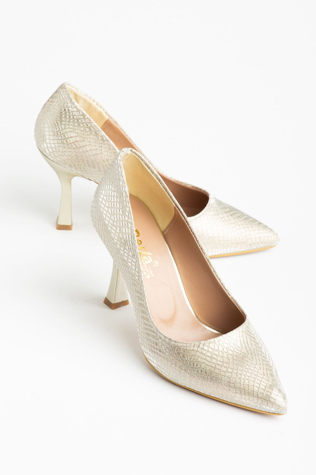 ZRİN-114 Premium Gold Pul Desenli Sivri Burunlu Stiletto 9 cm