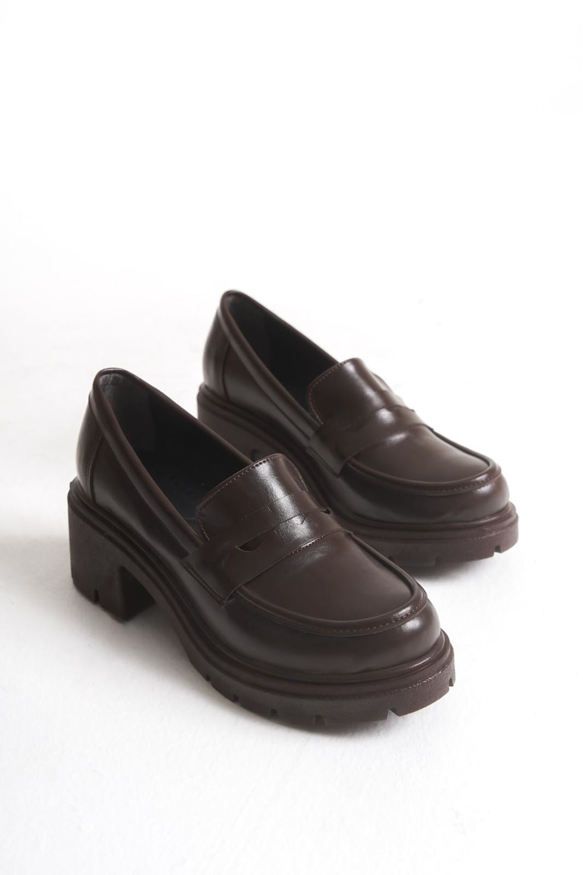 ZRİN-K-706 Premium Kahve Kırışık Rugan Ortopedik Yüksek Tabanlı Loafer