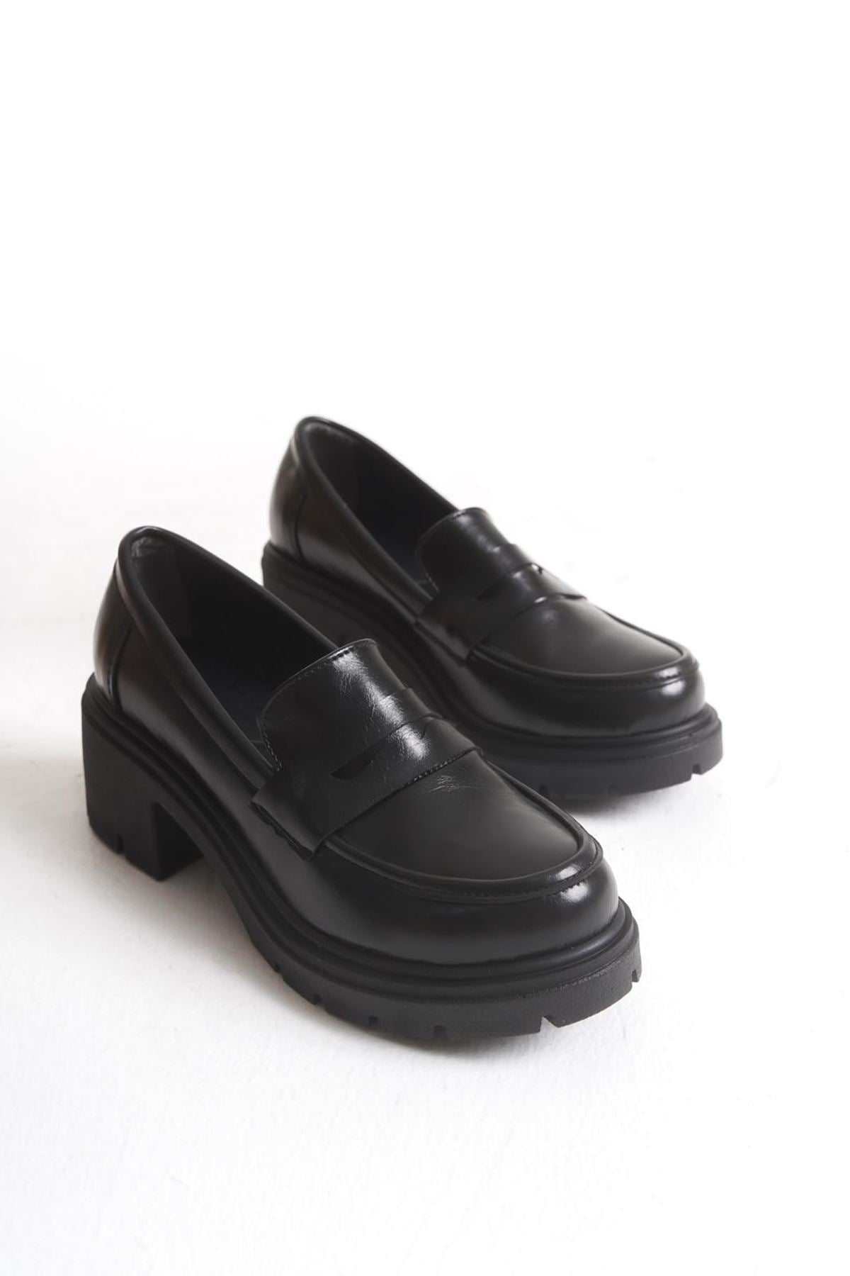 ZRİN-K-706 Premium Siyah Kırışık Rugan Ortopedik Yüksek Tabanlı Loafer