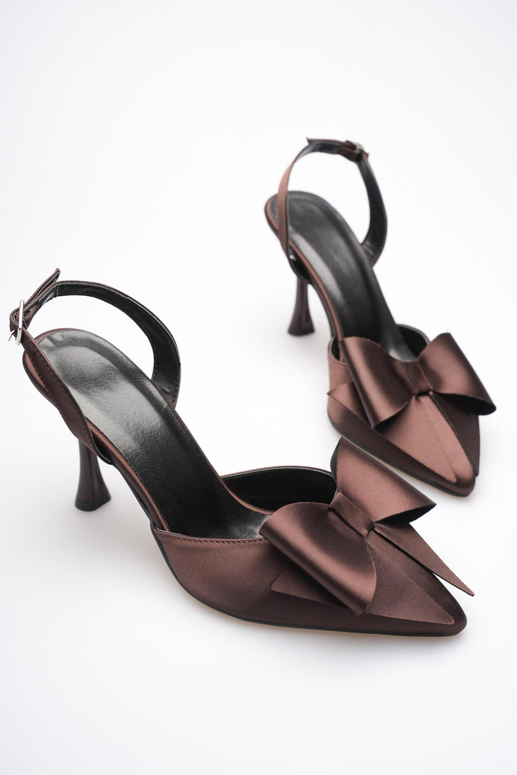 Dublin Premium Acı Kahve Fiyonklu Saten Slingback Topuklu Ayakkabı