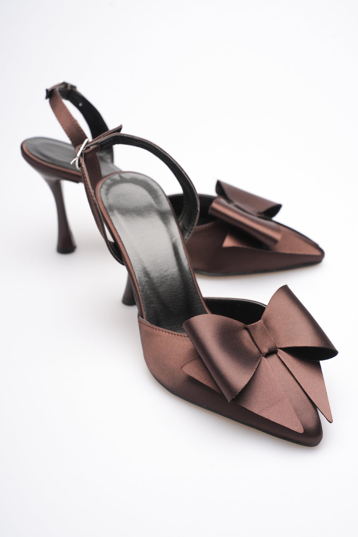 Dublin Premium Acı Kahve Fiyonklu Saten Slingback Topuklu Ayakkabı