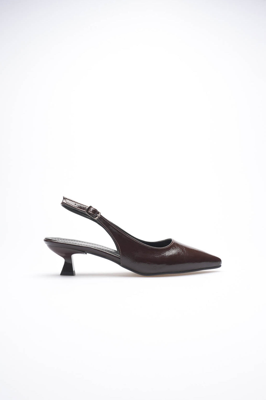 Weimar Premium Acı Kahve Kırışık Rugan Sivri Burun Slingback Kısa Topuklu Ayakkabı