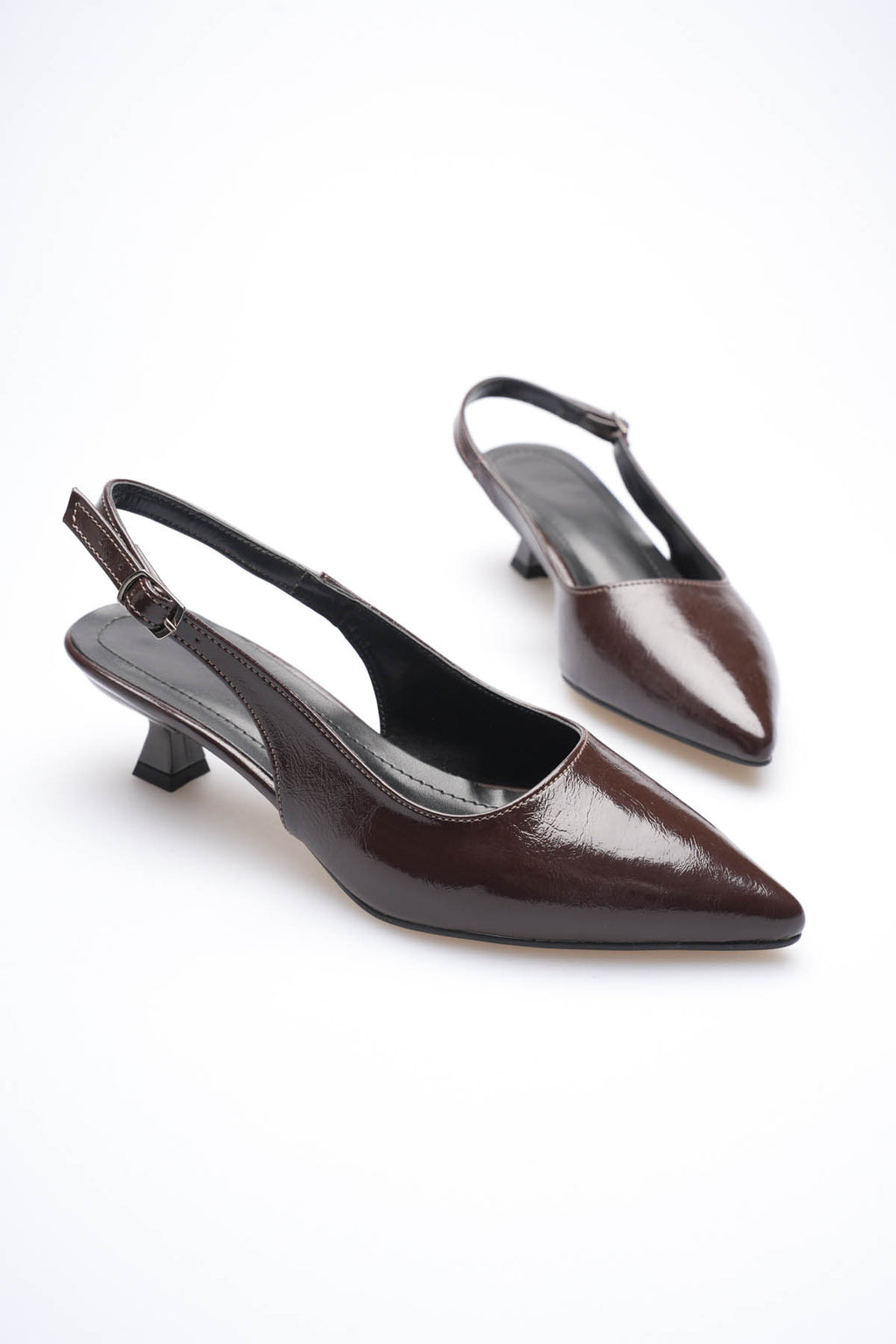 Weimar Premium Acı Kahve Kırışık Rugan Sivri Burun Slingback Kısa Topuklu Ayakkabı
