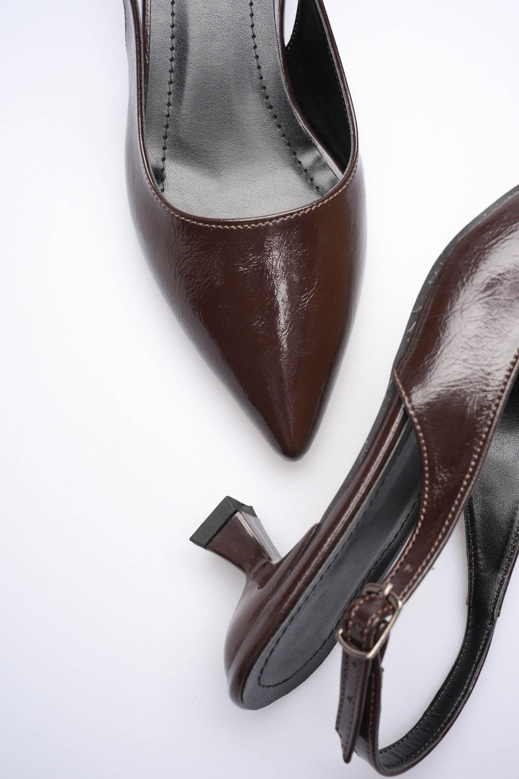 Weimar Premium Acı Kahve Kırışık Rugan Sivri Burun Slingback Kısa Topuklu Ayakkabı