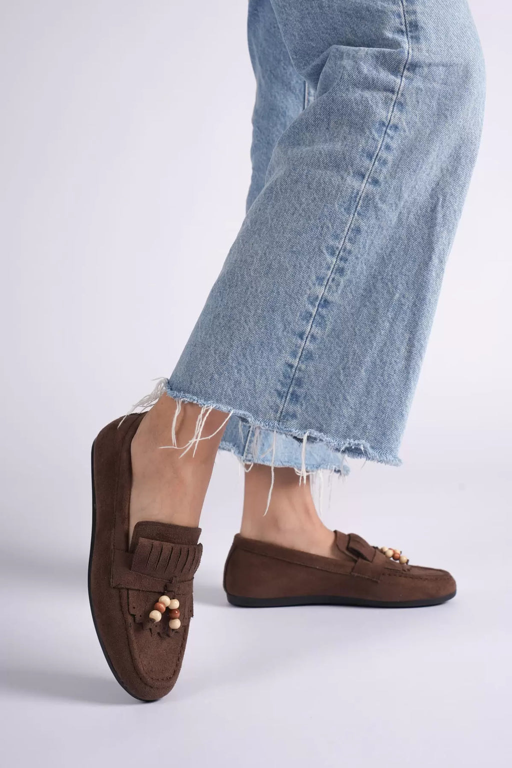 ZR19MS03 Premium Acı Kahve Süet Boncuk Detaylı Püsküllü Günlük Loafer Babet