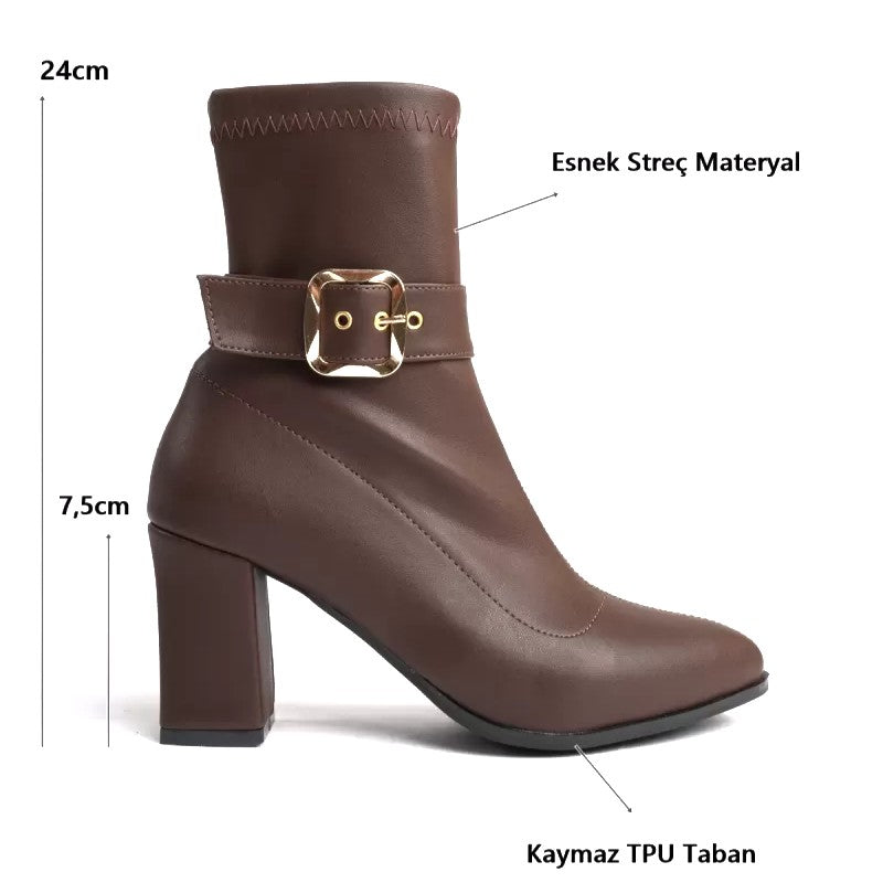 ZRT05MK03 Premium Acı Kahve Tokalı 7,5 cm Kalın Topuklu Kışlık Bot