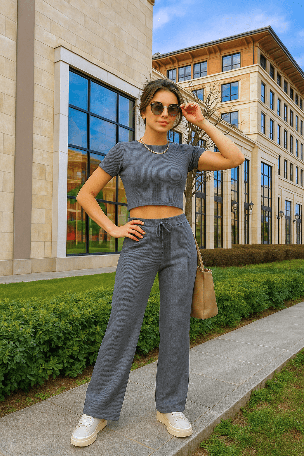 Women's Anthracite Crop Wide Leg Trousers Top and Bottom Set