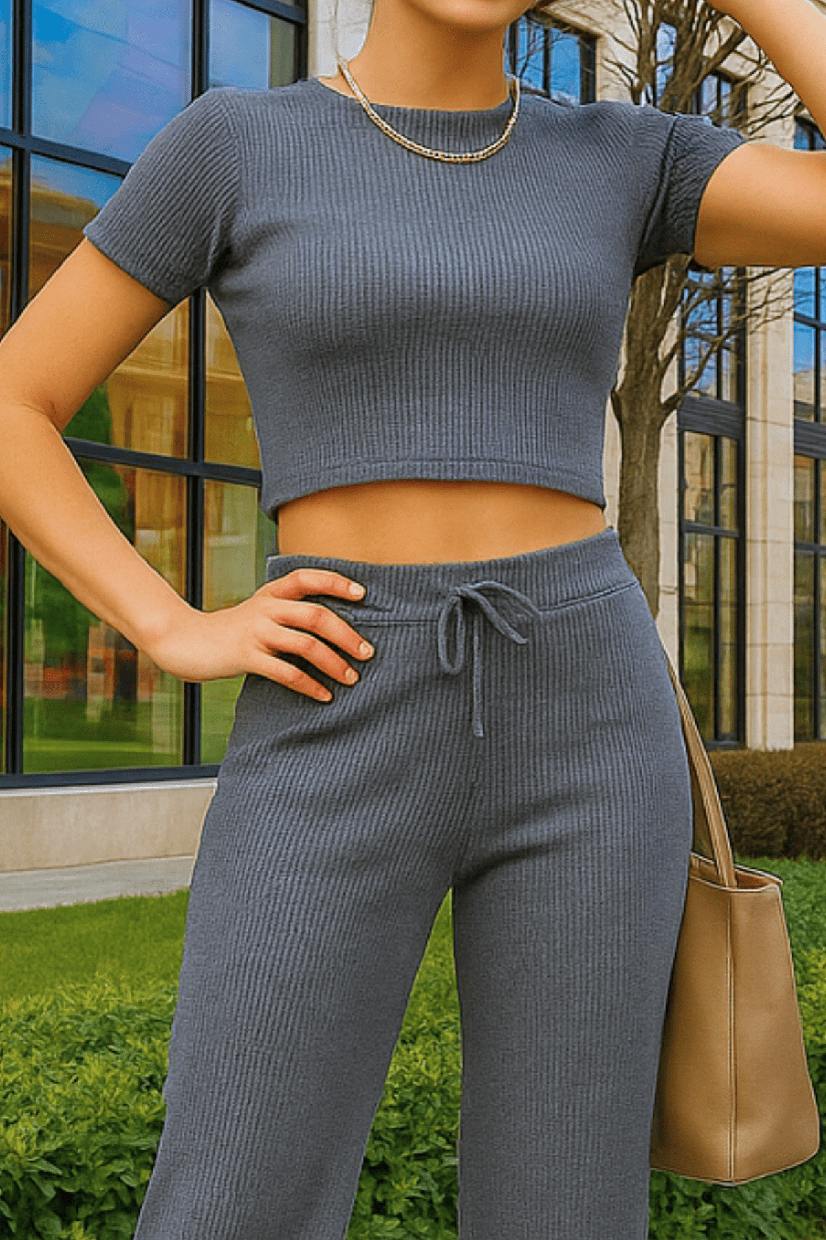 Women's Anthracite Crop Wide Leg Trousers Top and Bottom Set