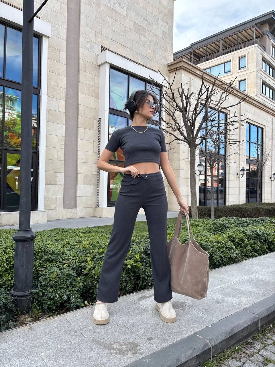 Women's Anthracite Crop Wide Leg Trousers Top and Bottom Set