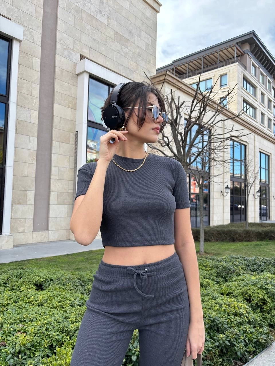 Women's Anthracite Crop Wide Leg Trousers Top and Bottom Set