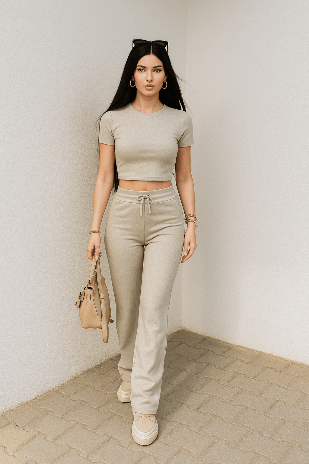 Women's Beige Crop Wide Leg Trousers Bottom Top Set