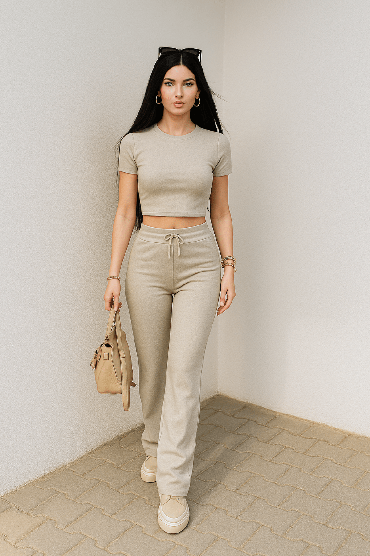 Women's Beige Crop Wide Leg Trousers Bottom Top Set