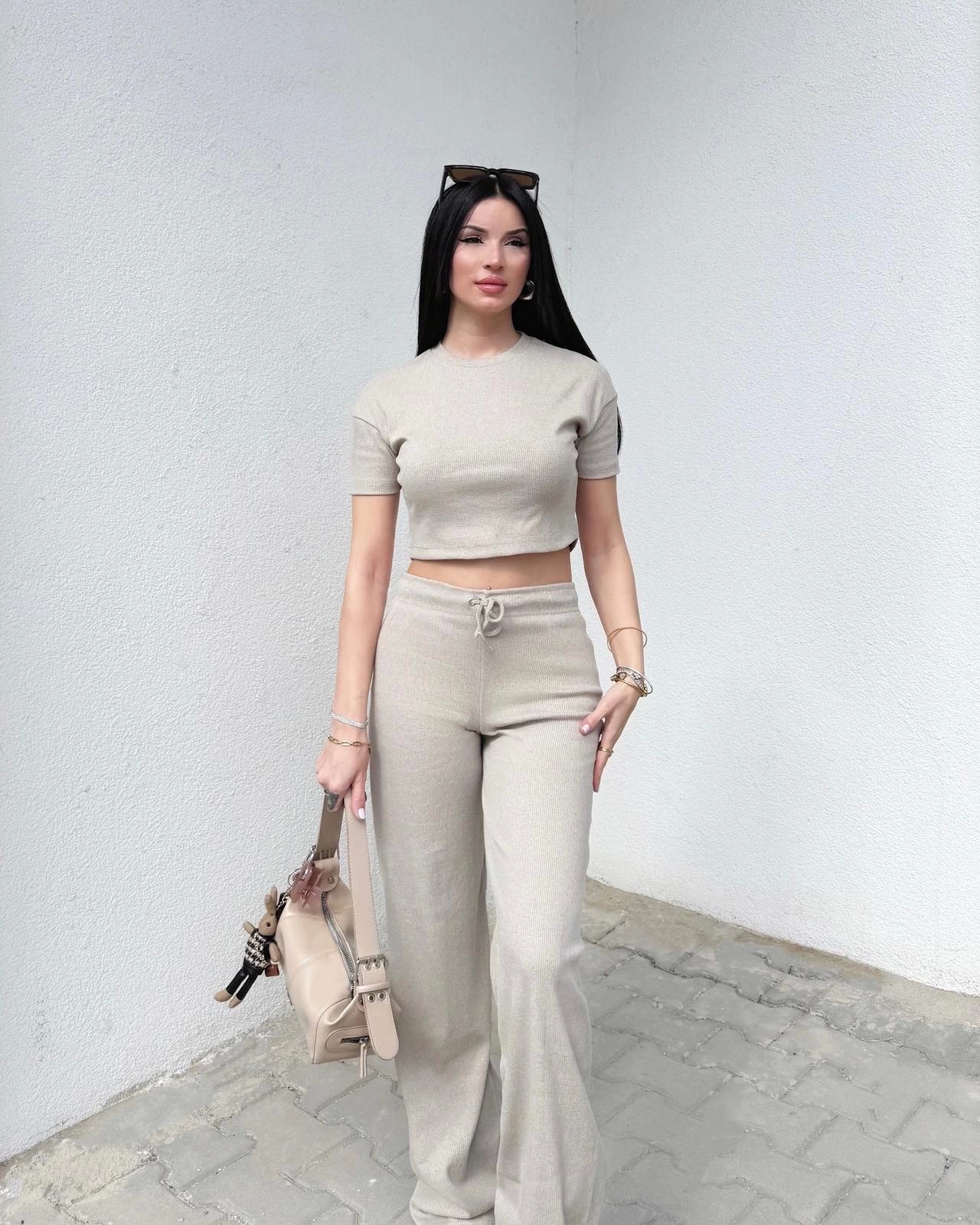 Women's Beige Crop Wide Leg Trousers Bottom Top Set
