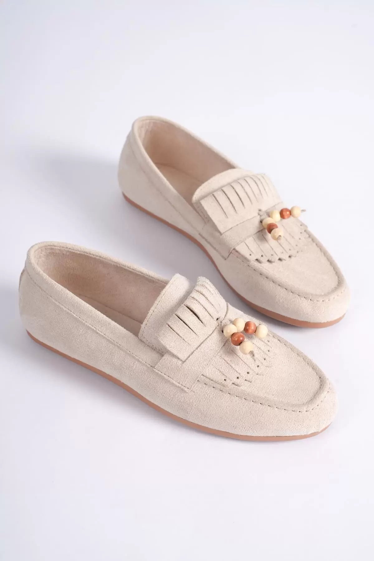 ZR19MS03 Premium Bej Süet Boncuk Detaylı Püsküllü Günlük Loafer Babet
