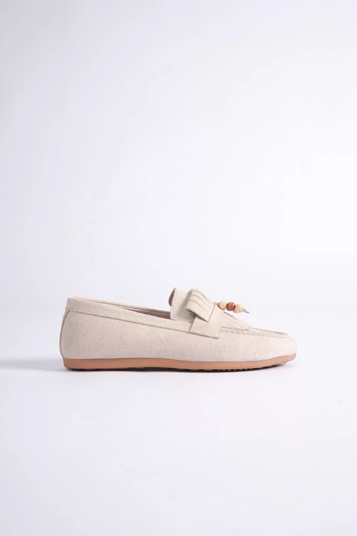ZR19MS03 Premium Bej Süet Boncuk Detaylı Püsküllü Günlük Loafer Babet