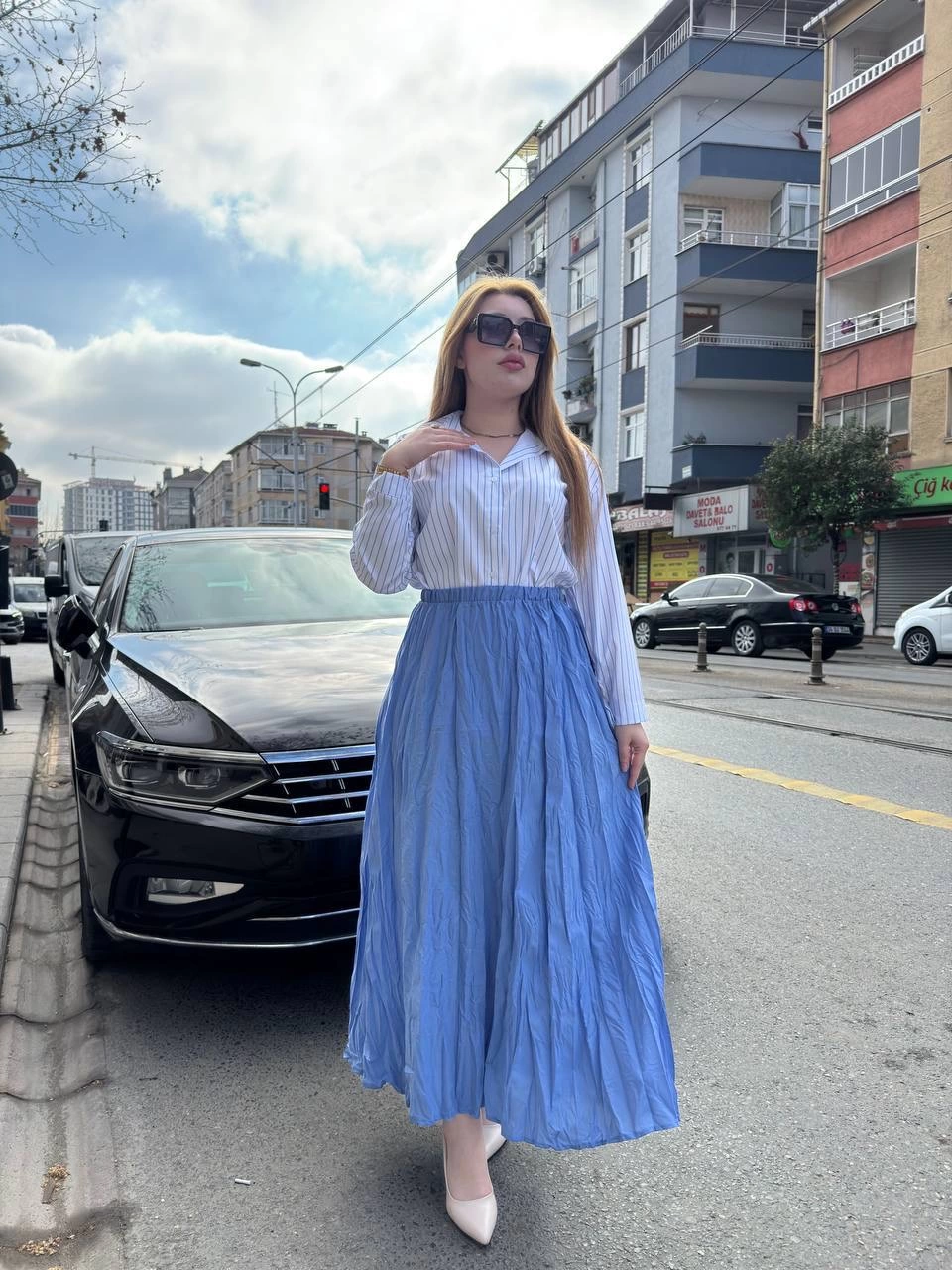 Kadın Beli Lastikli Rahat Kraş Etek Bebe Mavi